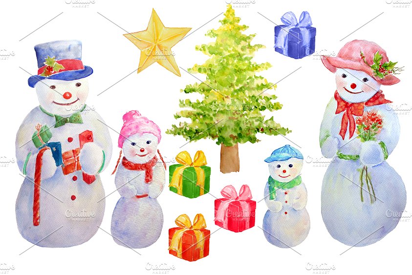 手绘水彩圣诞节雪人素材Watercolor Snowman