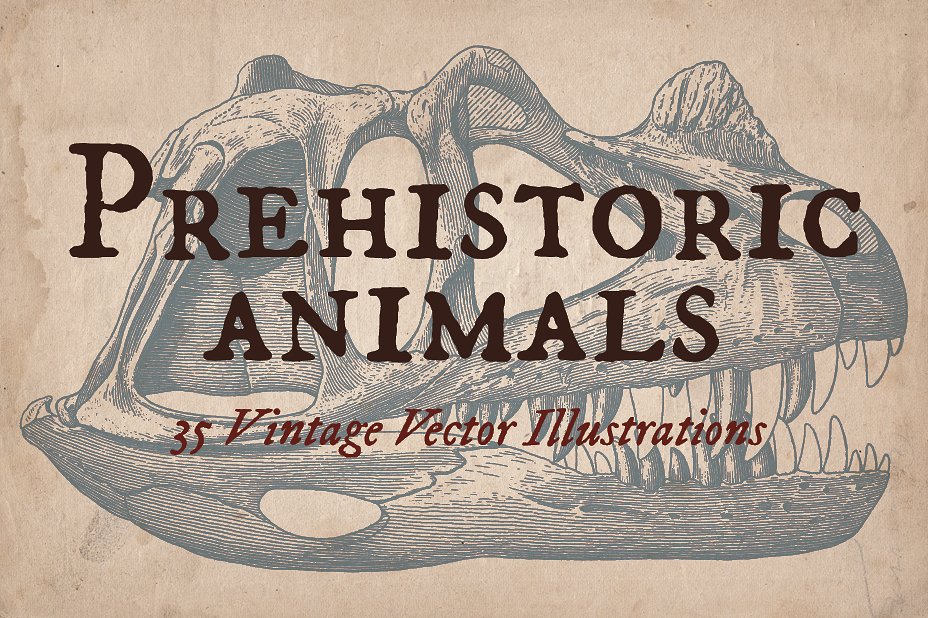 复古手绘史前动物化石设计素材Prehistoric Anim