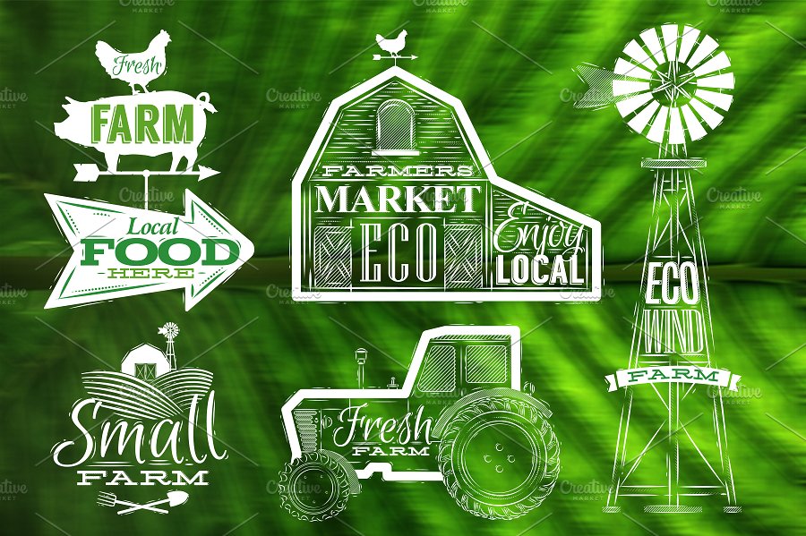 手绘水彩农场标志设计素材Farm Graphics