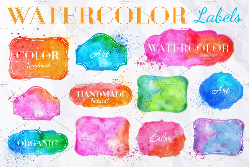 手绘水彩标签设计元素Watercolor Labels