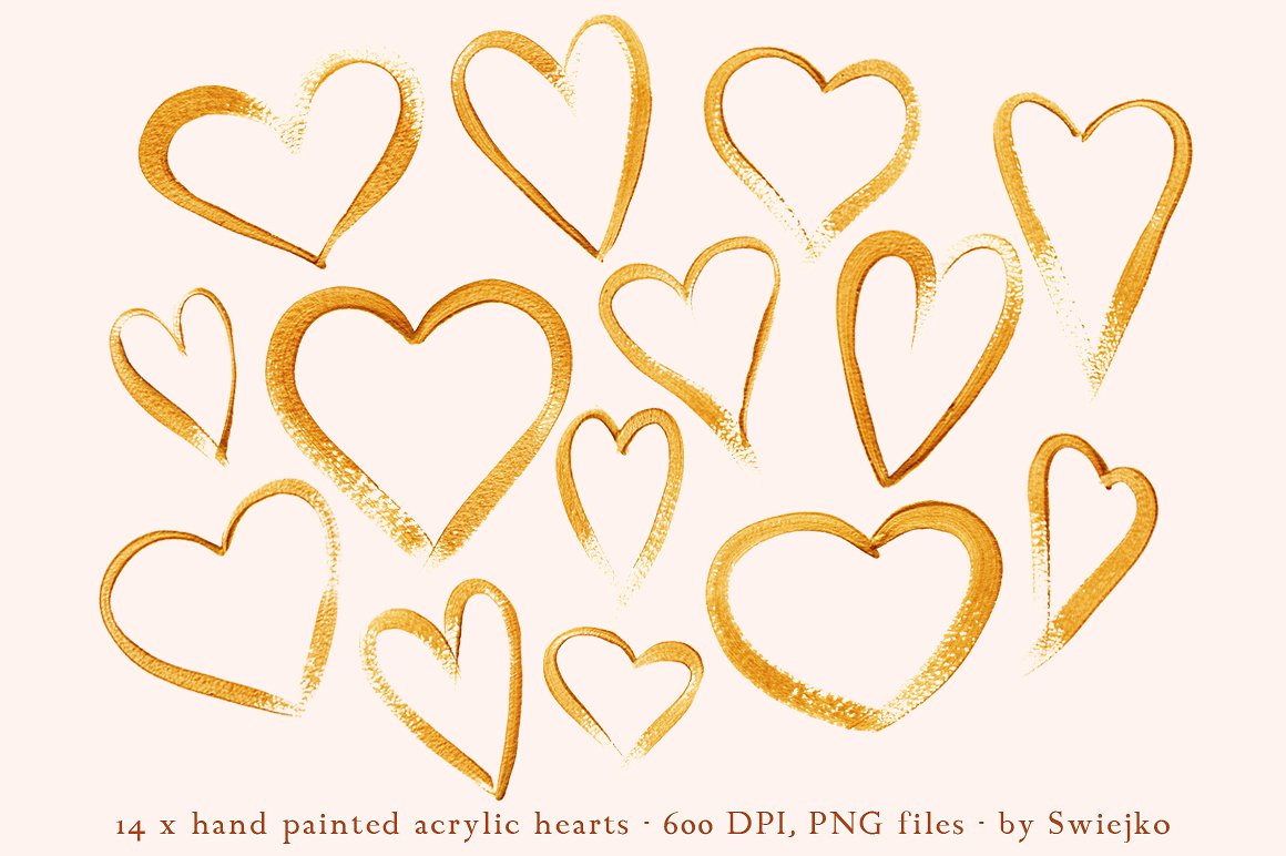 手绘爱心形状设计素材Gold Hearts Valentin