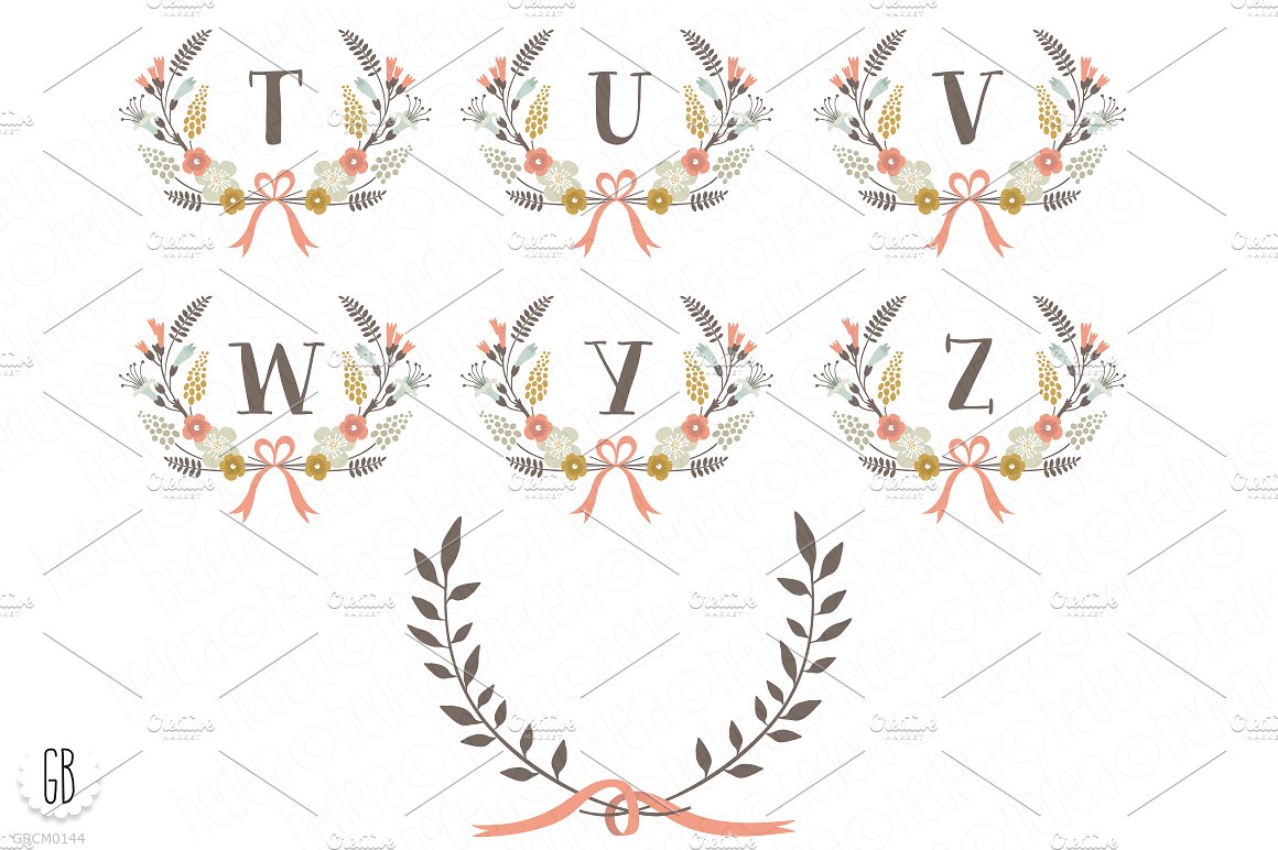 手绘花卉字母设计素材Floral wreaths laure