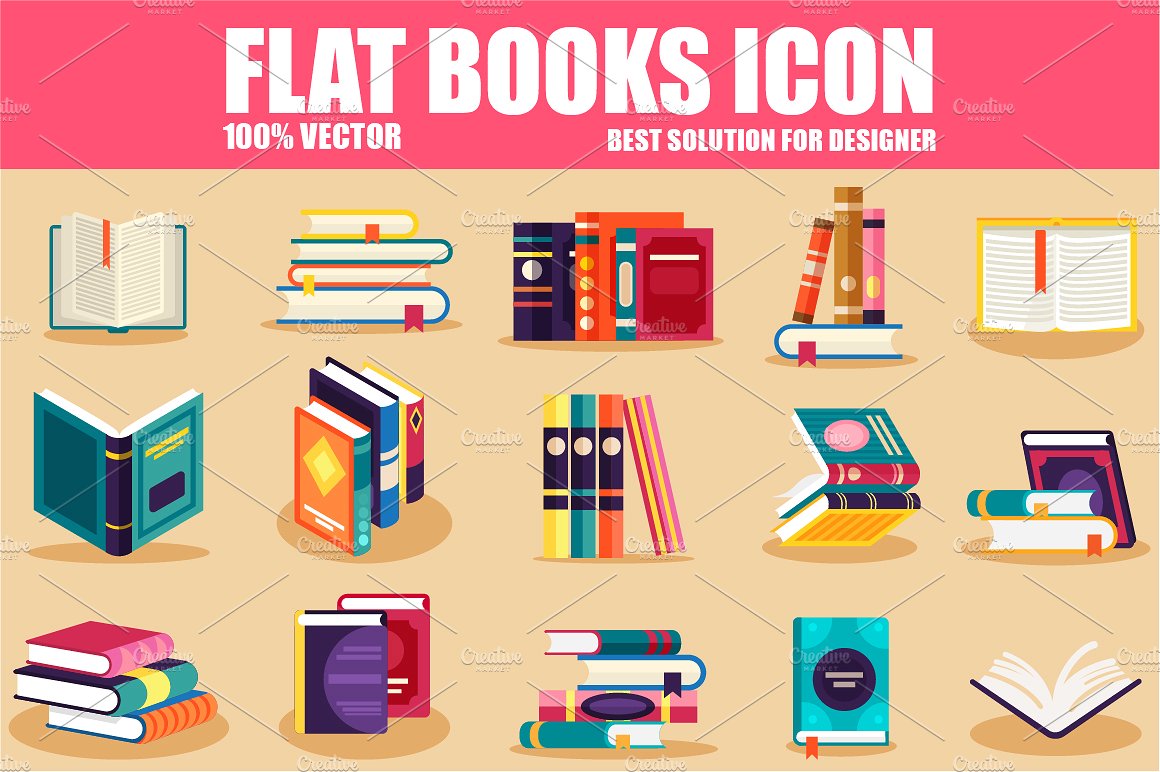 书籍矢量插图Flat Books Icons Set
