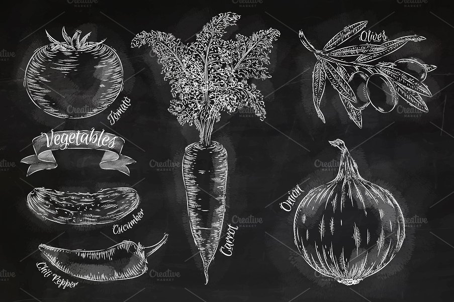 粉笔绘制蔬菜矢量插图Vegetables chalk