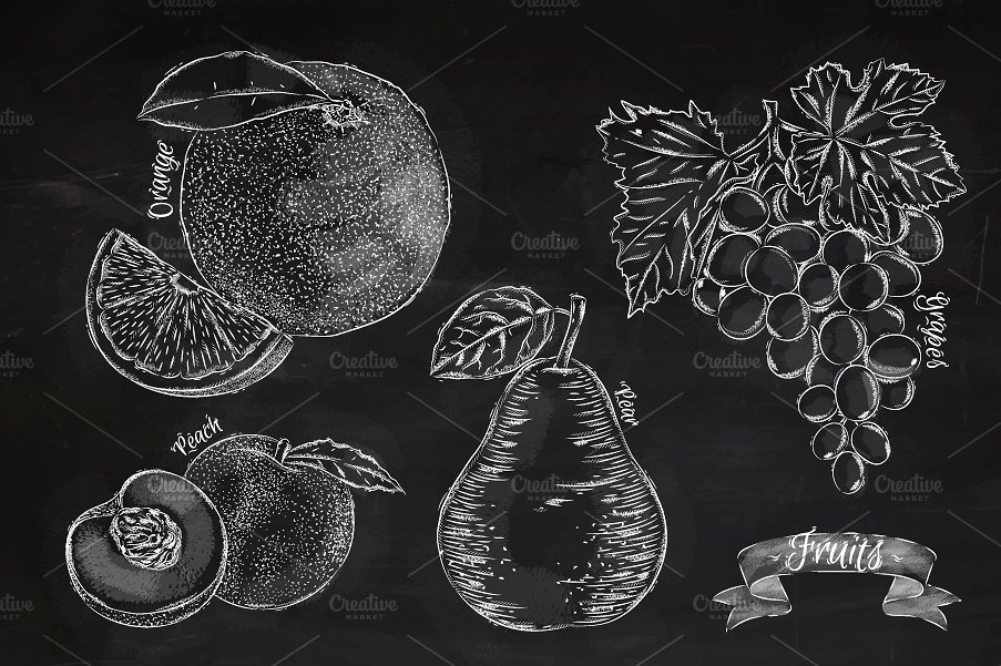 粉笔画水果设计素材Fruit chalk