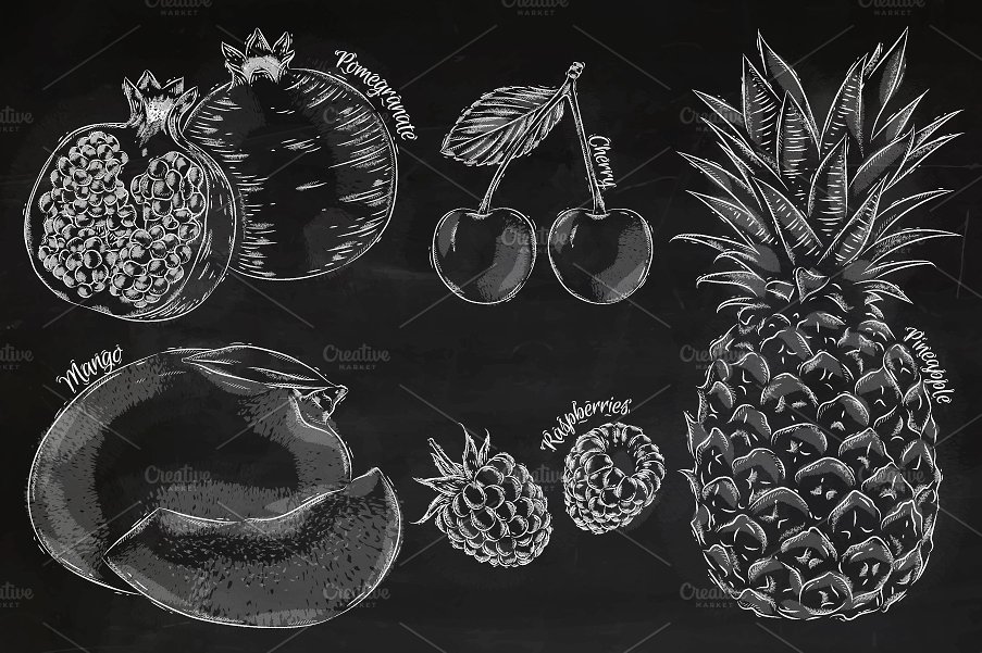 粉笔画水果设计素材Fruit chalk