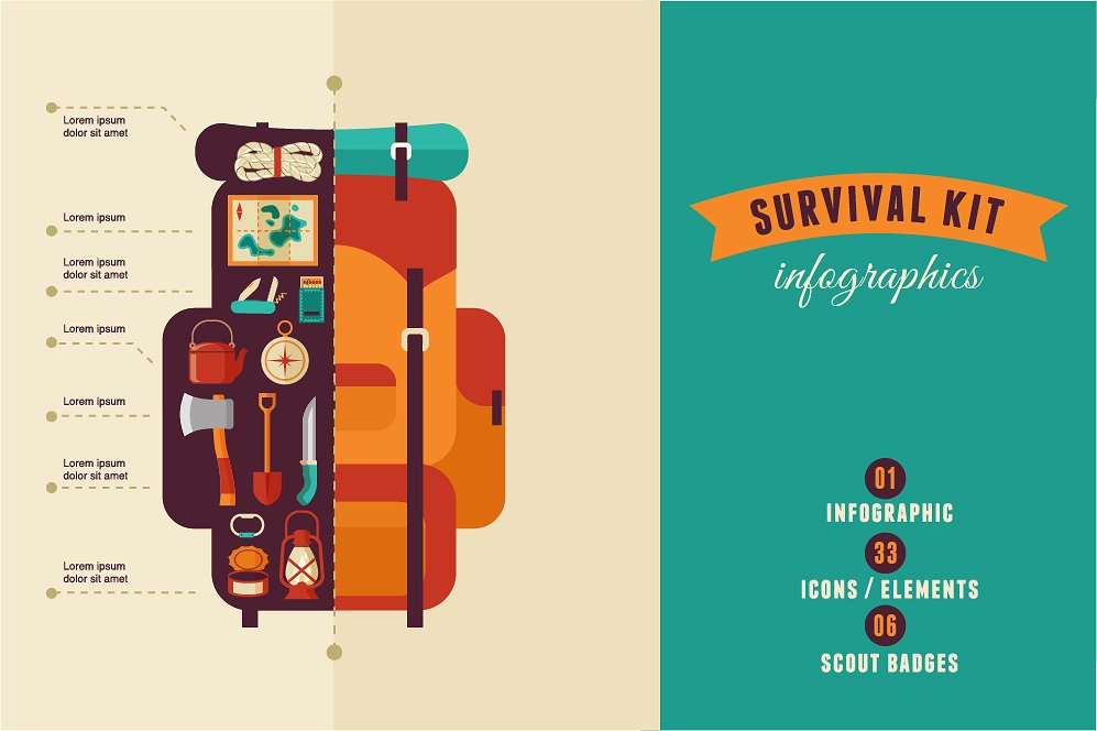 户外登山旅游矢量图标合集Survival Kit, camp
