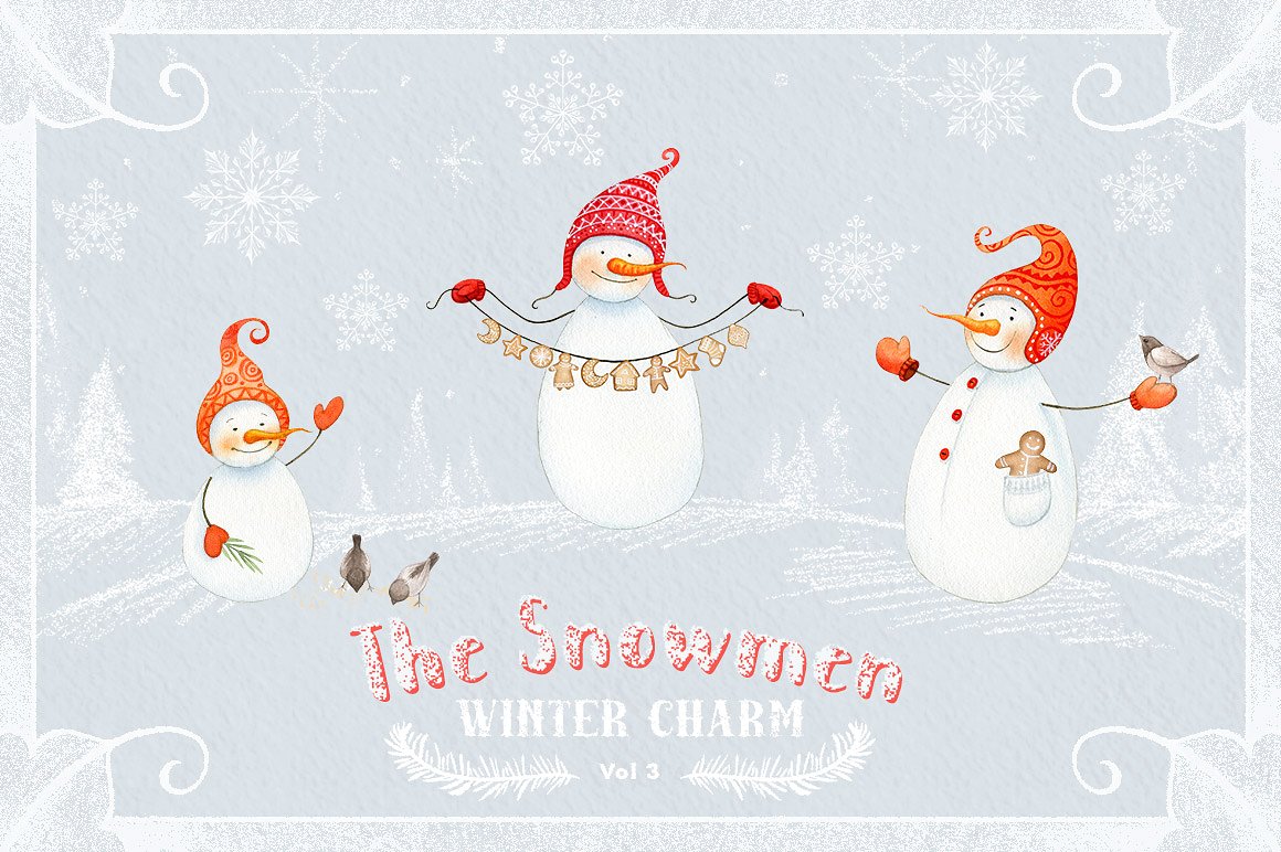 手绘水彩冬季装饰素材包The Snowmen- winter