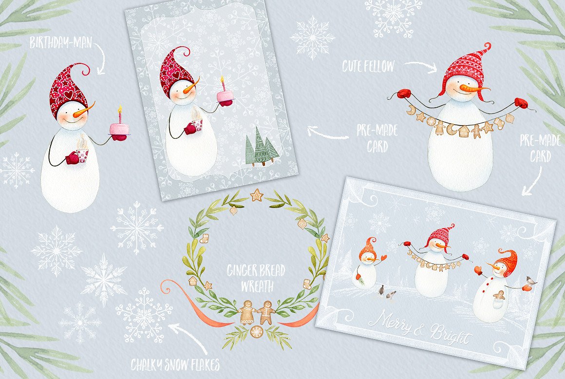手绘水彩冬季装饰素材包The Snowmen- winter