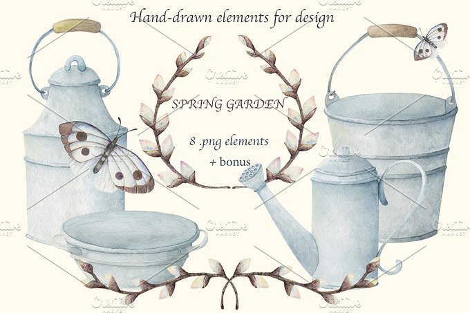 手绘水彩园艺工具设计素材Spring Garden