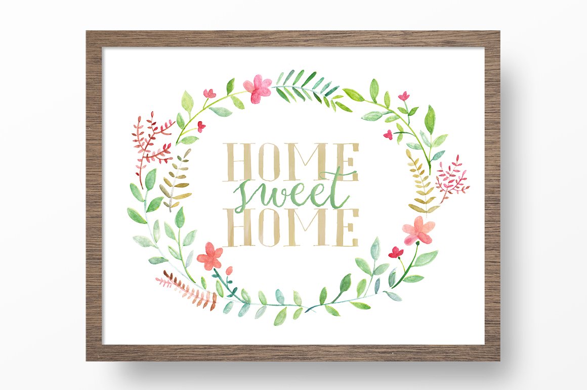手绘水彩甜蜜花卉植物设计素材Home Sweet Home