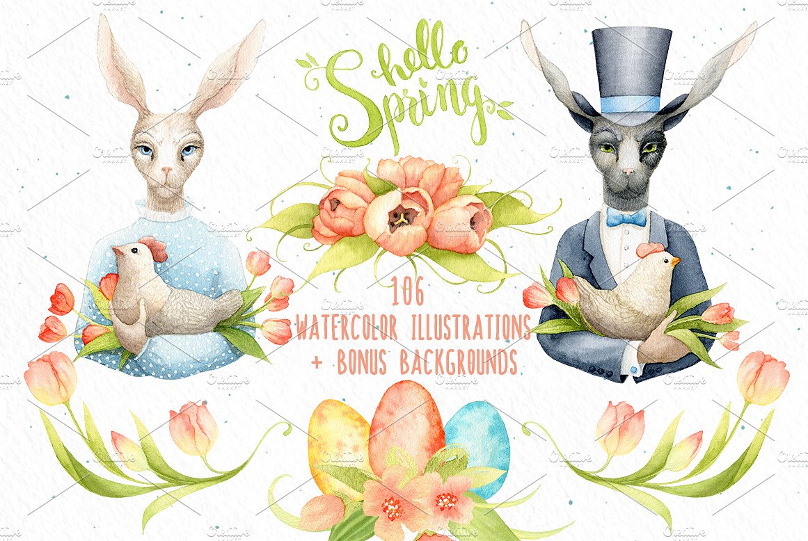 手绘水彩复活节水彩插图Hello Spring Waterc