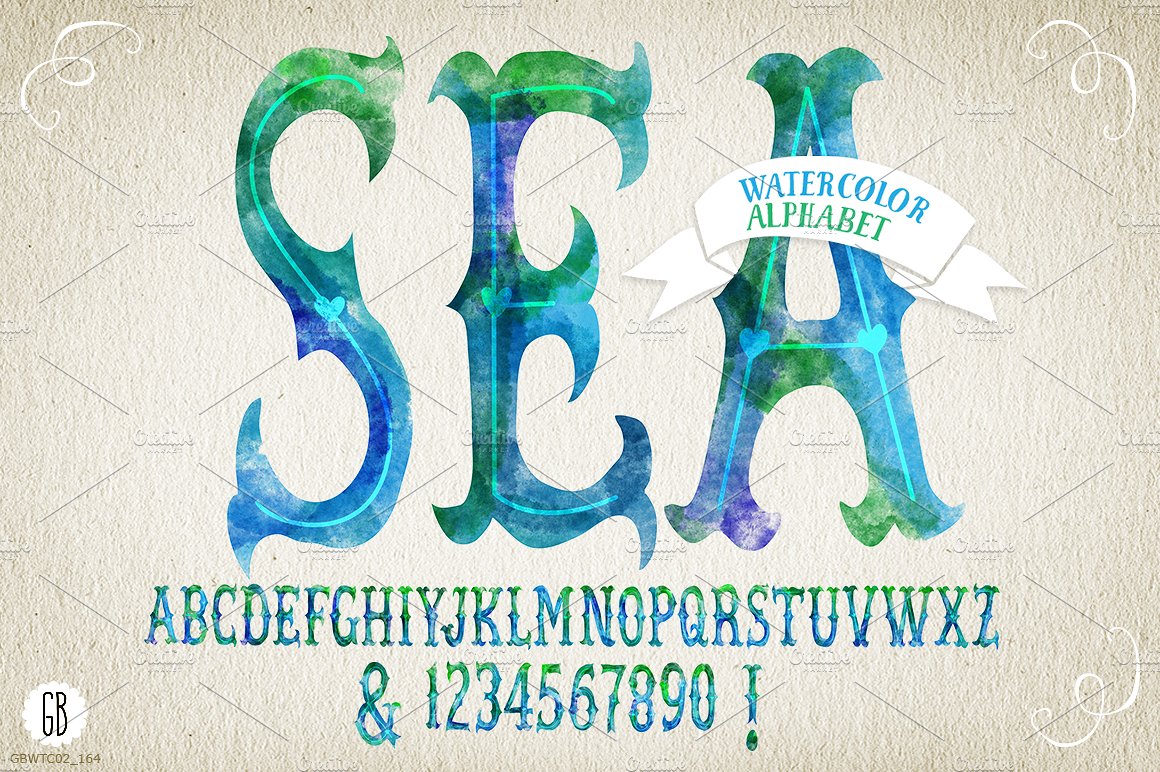 手绘水彩字母数字设计素材Watercolor alphabe