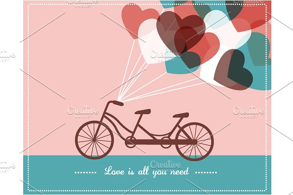 双人自行车和心形气球明信片素材Postcard with t