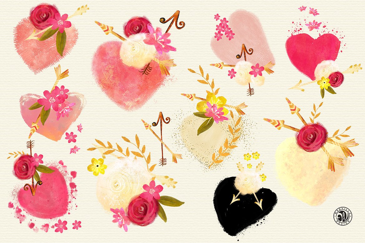 手绘水彩爱心元素设计素材Pastel Hearts