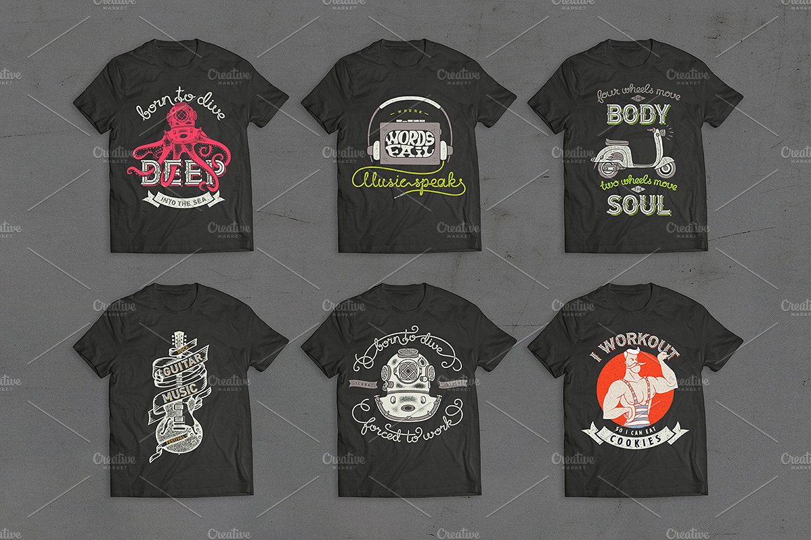 服装标志插图设计素材Six T-Shirts designs