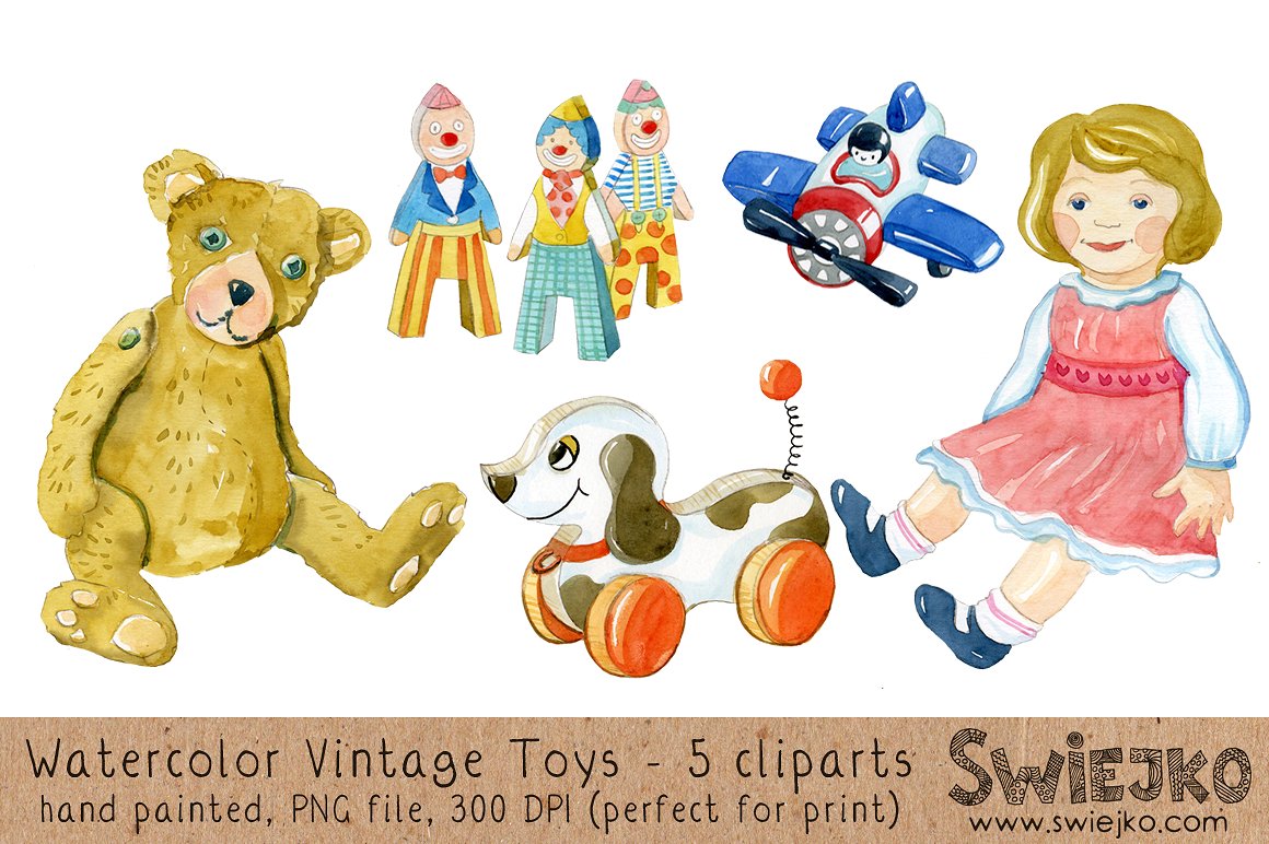 手绘水彩玩具设计素材Vintage Toys