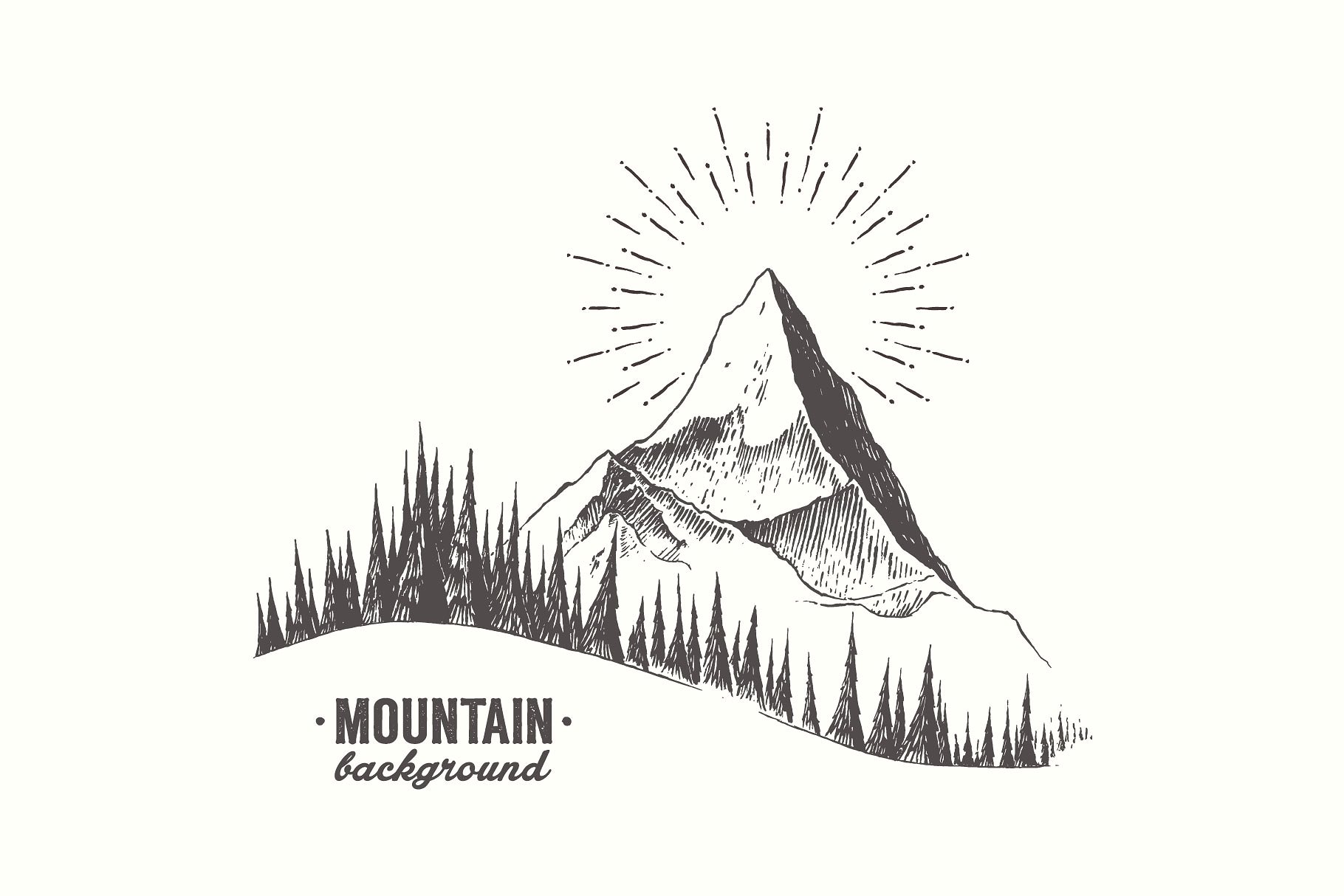 复古手绘冷杉树设计素材Mountain peak with