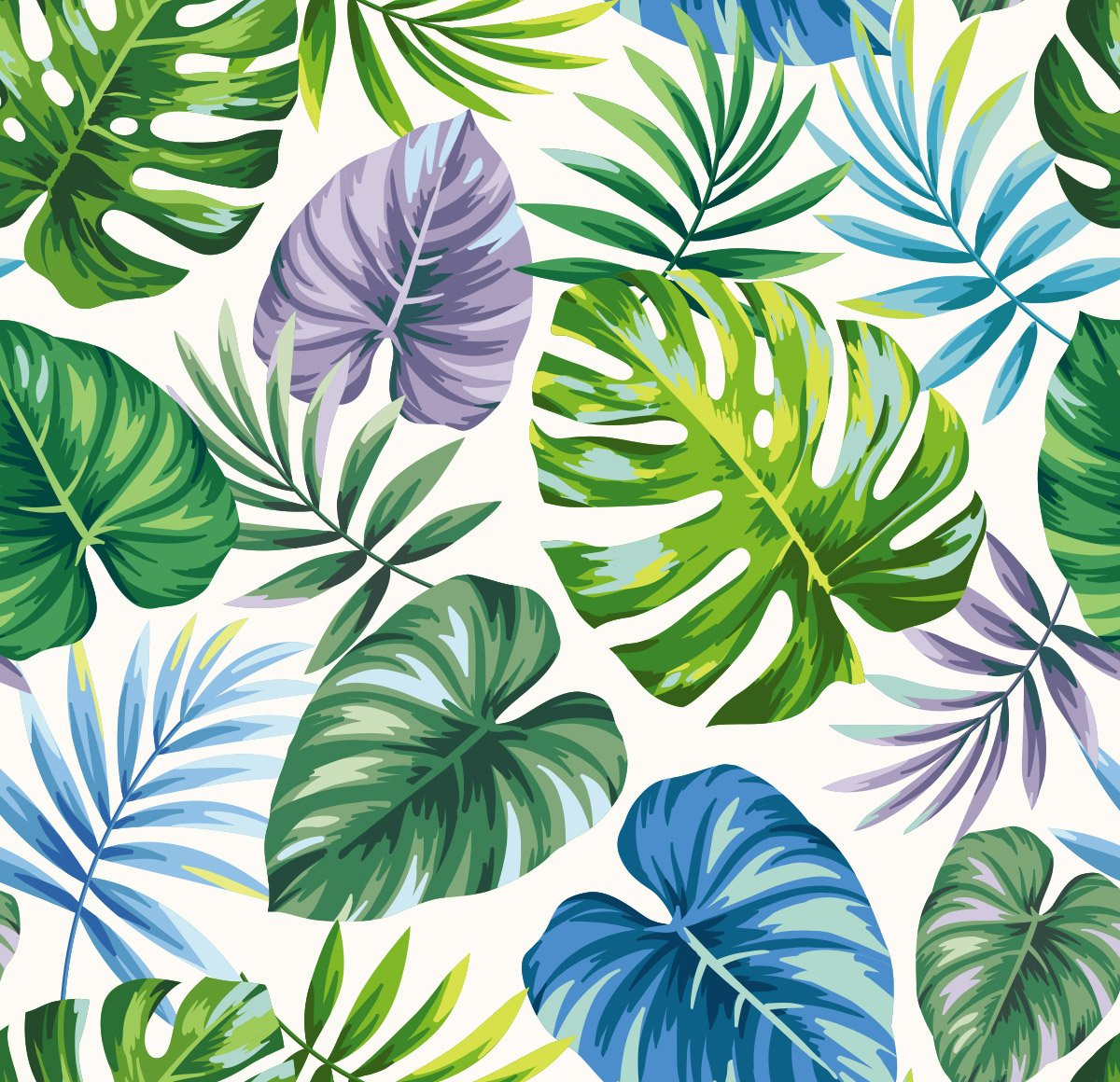 绿色热带植物无缝图案异国棕榈叶高清背景矢量插图设计素材Tro