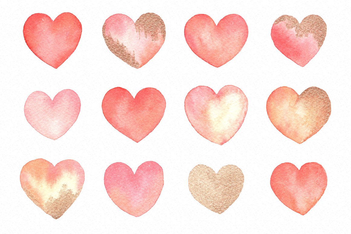 手绘水彩爱心形状设计素材Watercolor Hearts