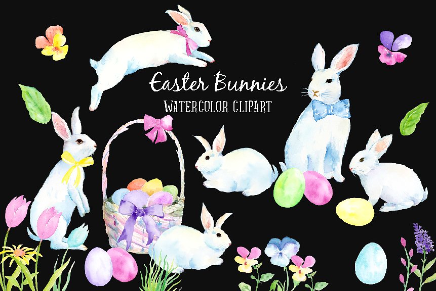 手绘水彩复活节兔子设计素材Watercolor Easter
