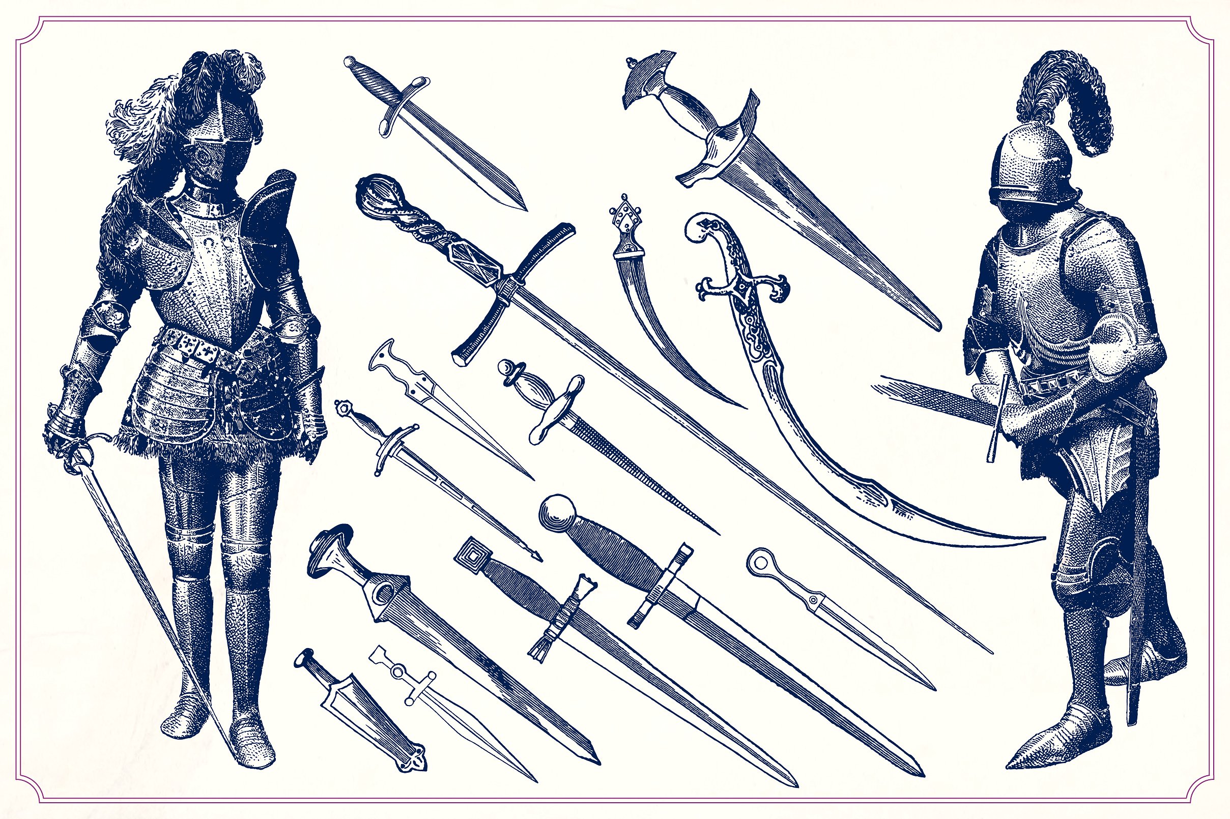 复古手绘80年代刀剑设计素材Vintage swords a