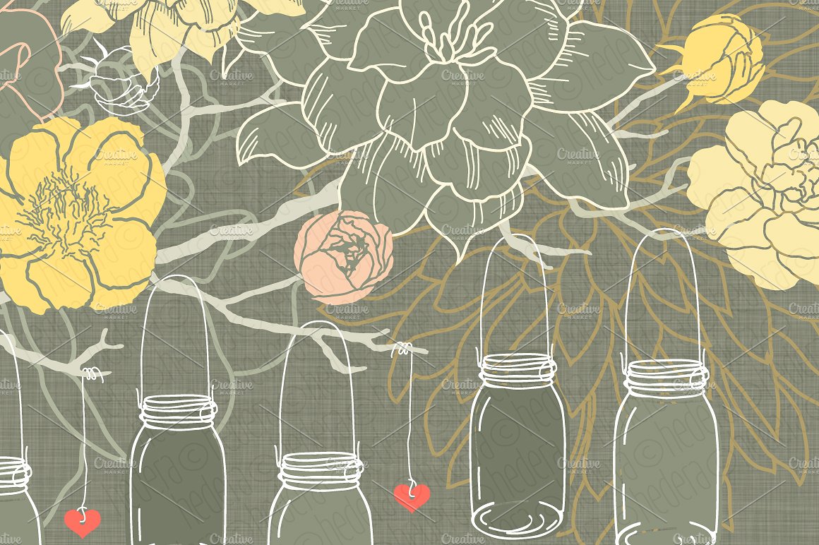 复古手绘花卉植物设计素材Hanging jars dark
