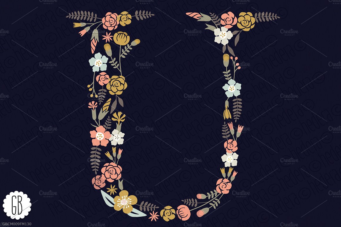 手绘花卉植物字母图案设计素材Floral letters,