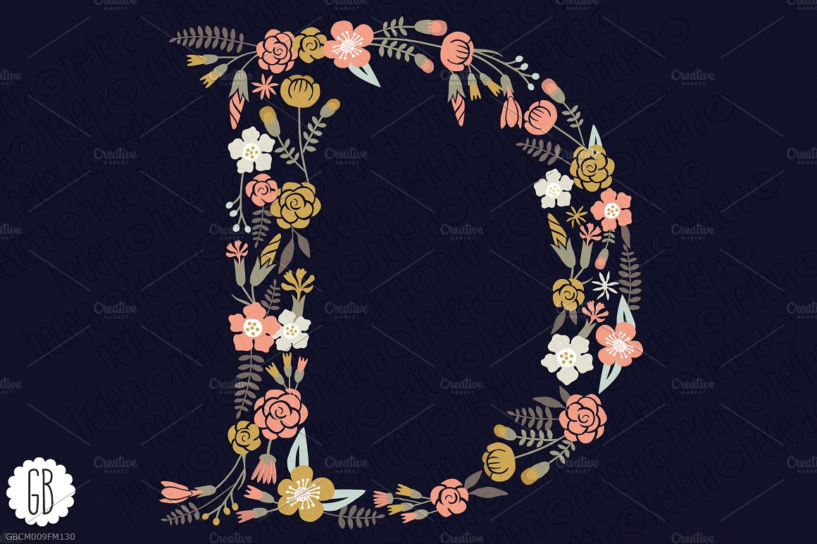 手绘花卉植物字母图案设计素材Floral letters,