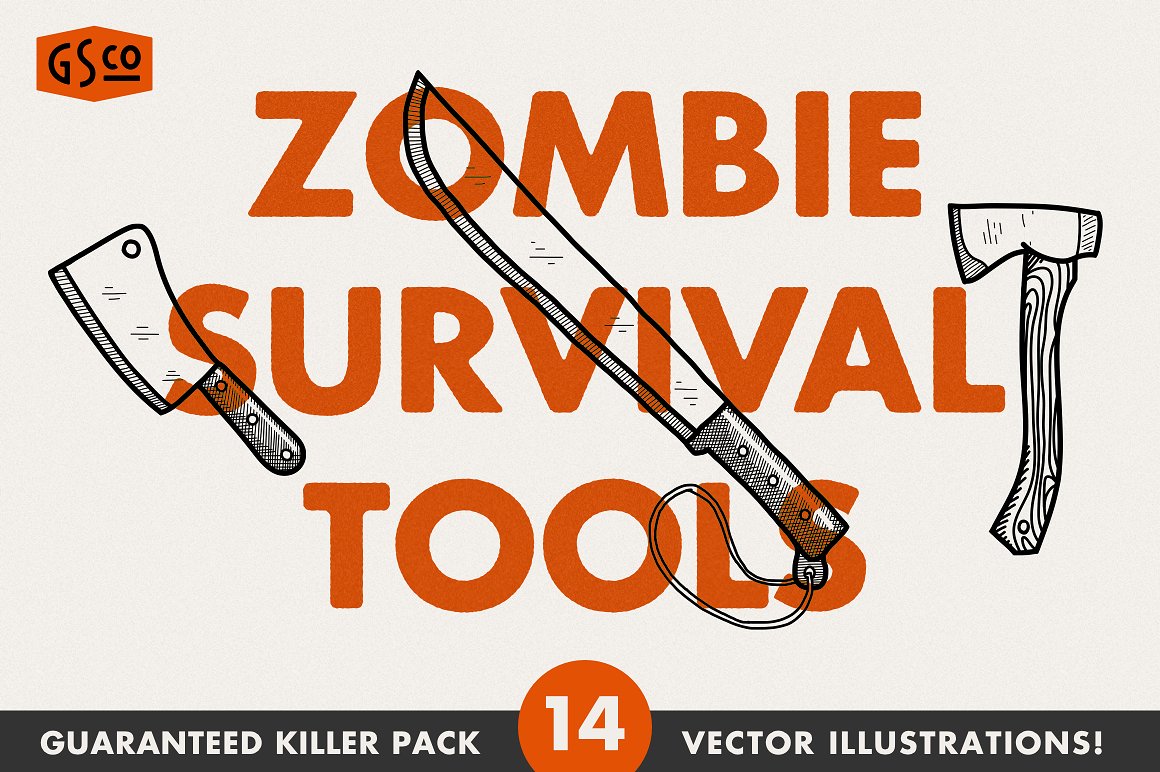 复古手绘工具矢量插图Zombie Survival Tool