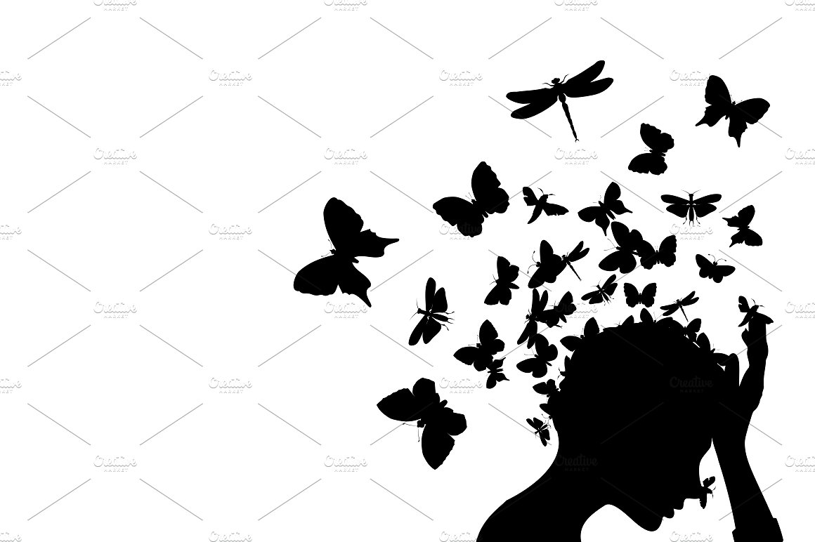 头和蝴蝶剪影矢量插图Butterflies from a h