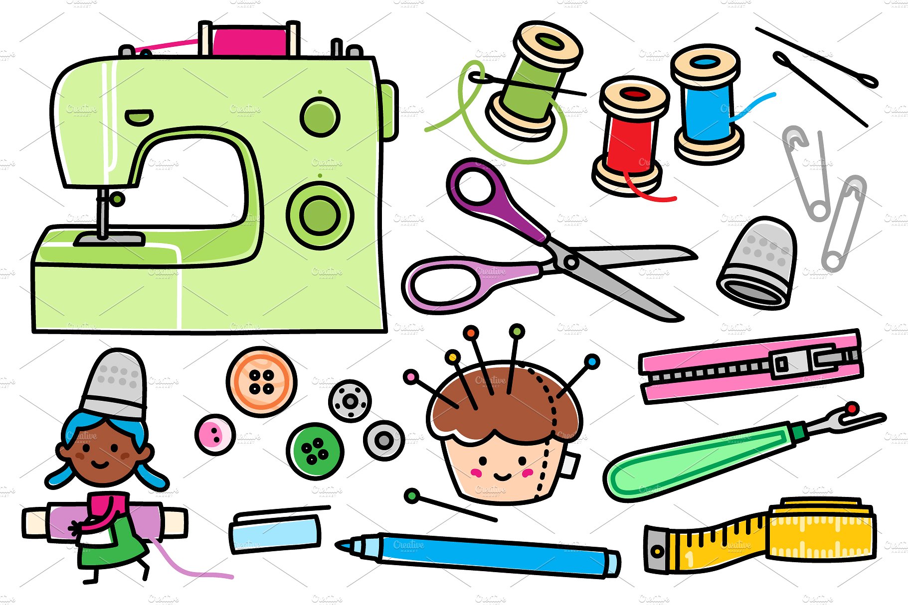 可爱缝纫用品矢量图案Vector sewing suppli