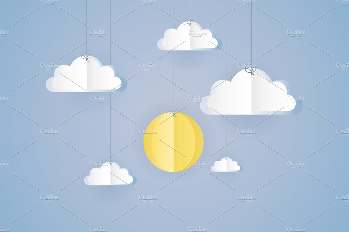 折纸效果的云朵和太阳插图设计Paper sky