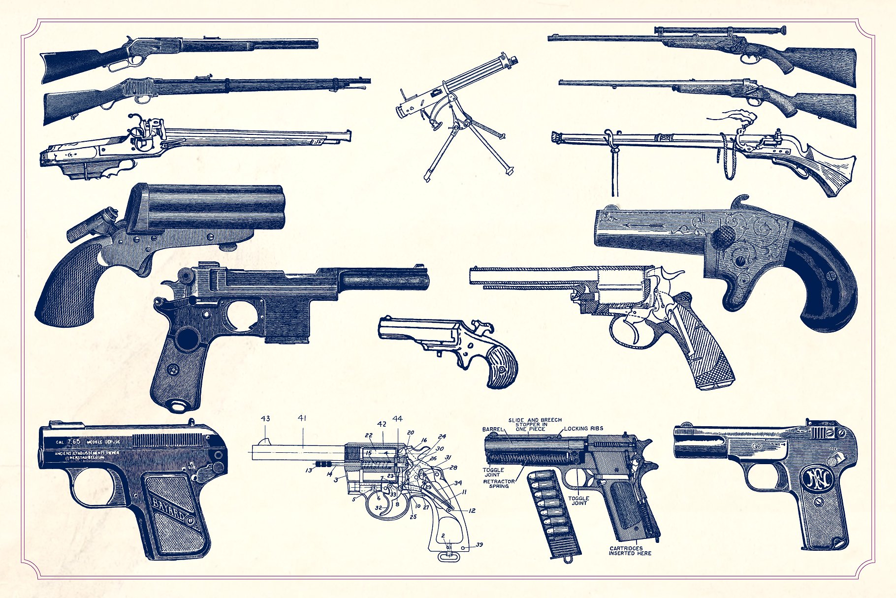 复古手绘军事武器枪支插图素材Vintage Guns -am