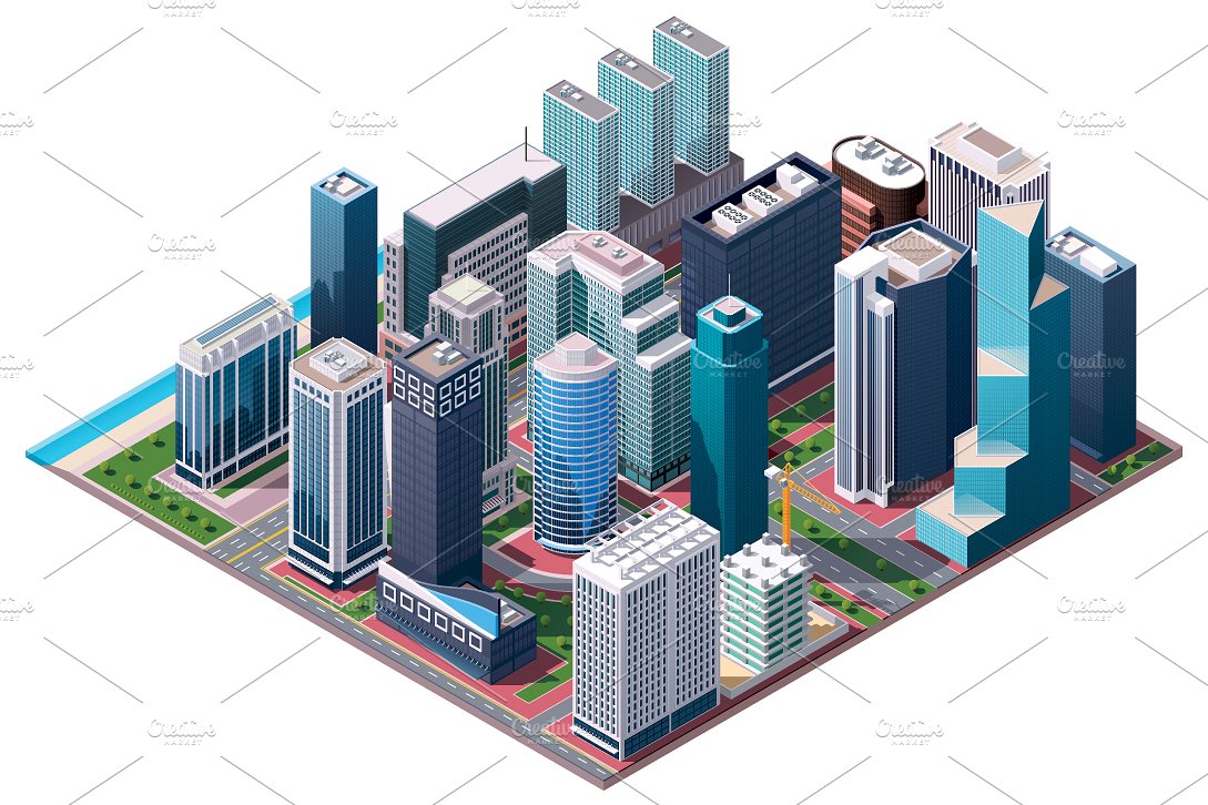 等距城市建筑大楼插图设计素材isometric city m