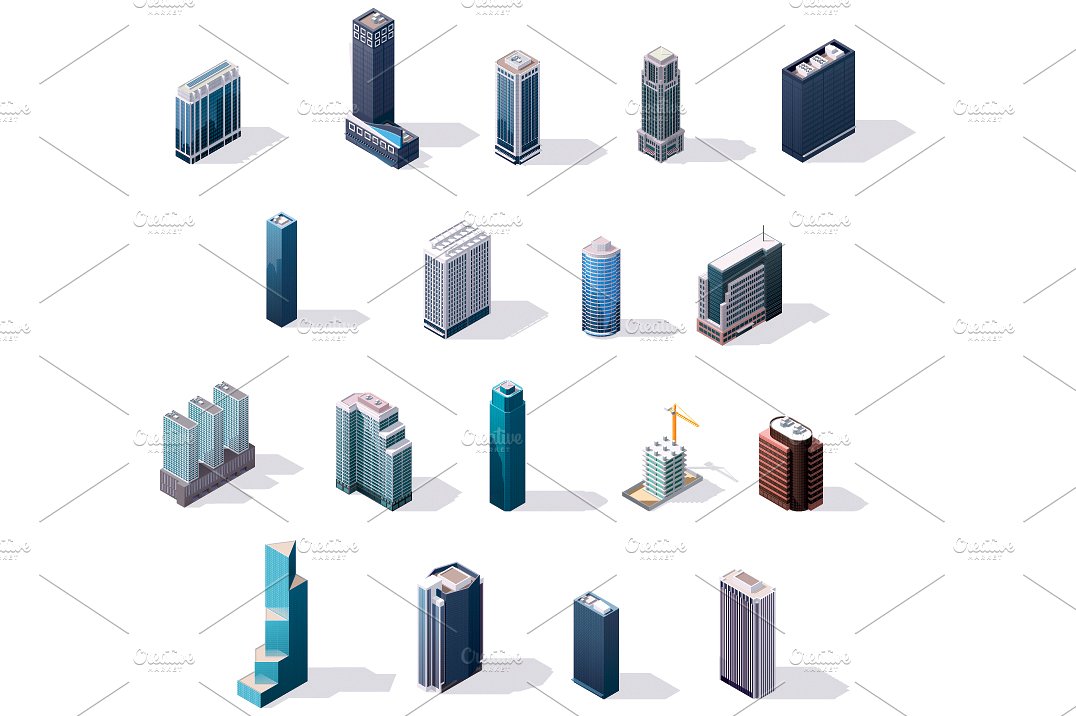 等距城市建筑大楼插图设计素材isometric city m