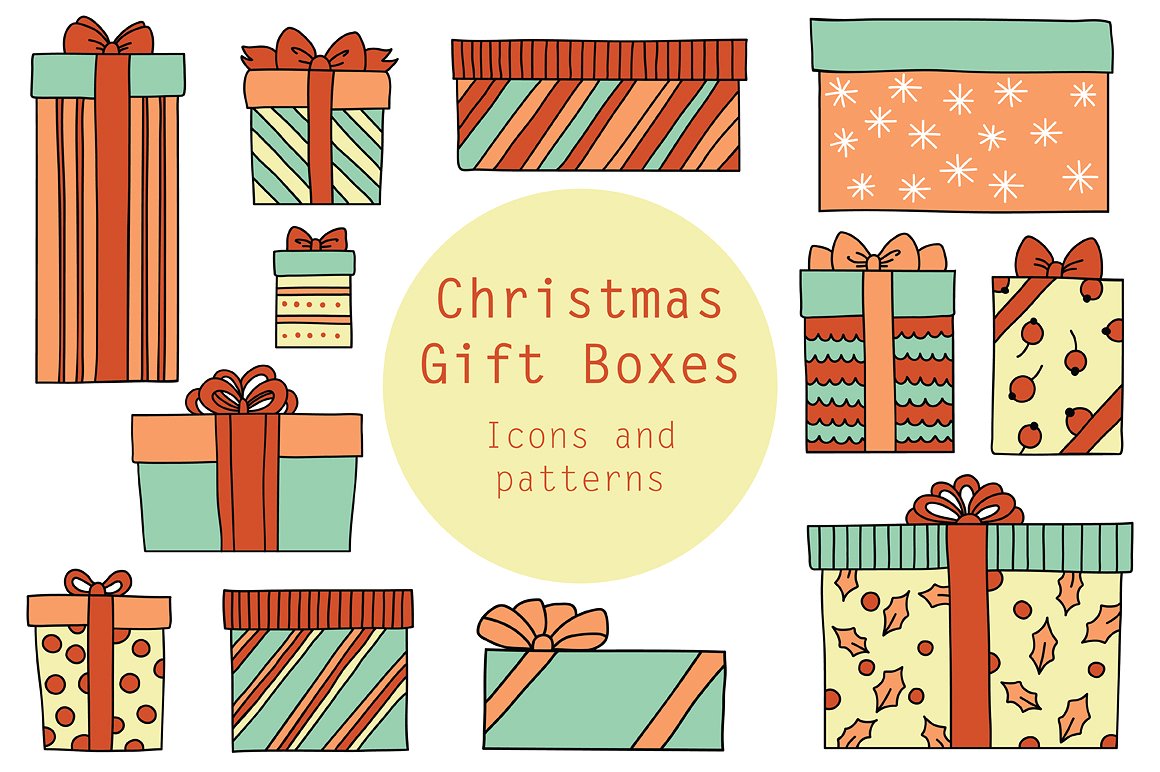 手绘圣诞节礼物盒设计素材Christmas Gift Box