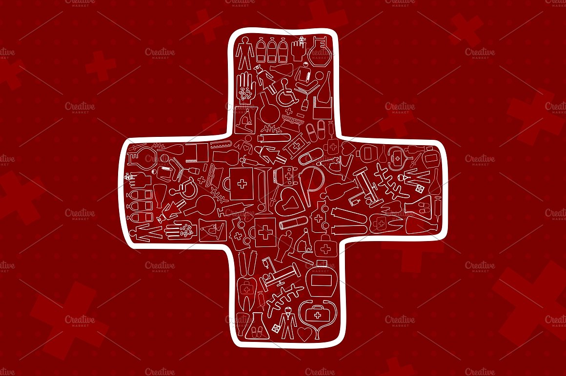 红色背景白色十字架矢量插图Medicine