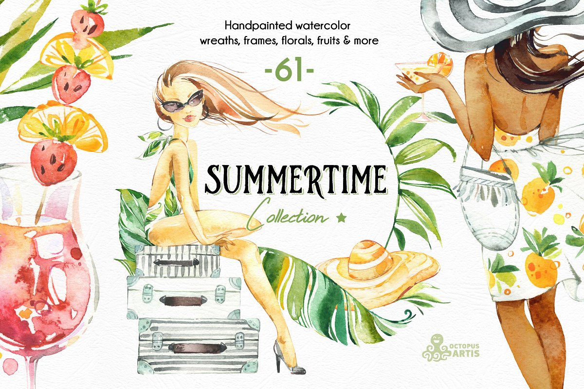 夏季水彩植物女孩设计素材Summertime. Waterc
