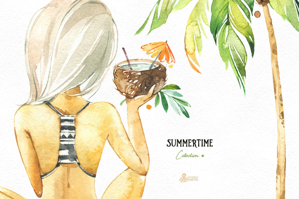 夏季水彩植物女孩设计素材Summertime. Waterc