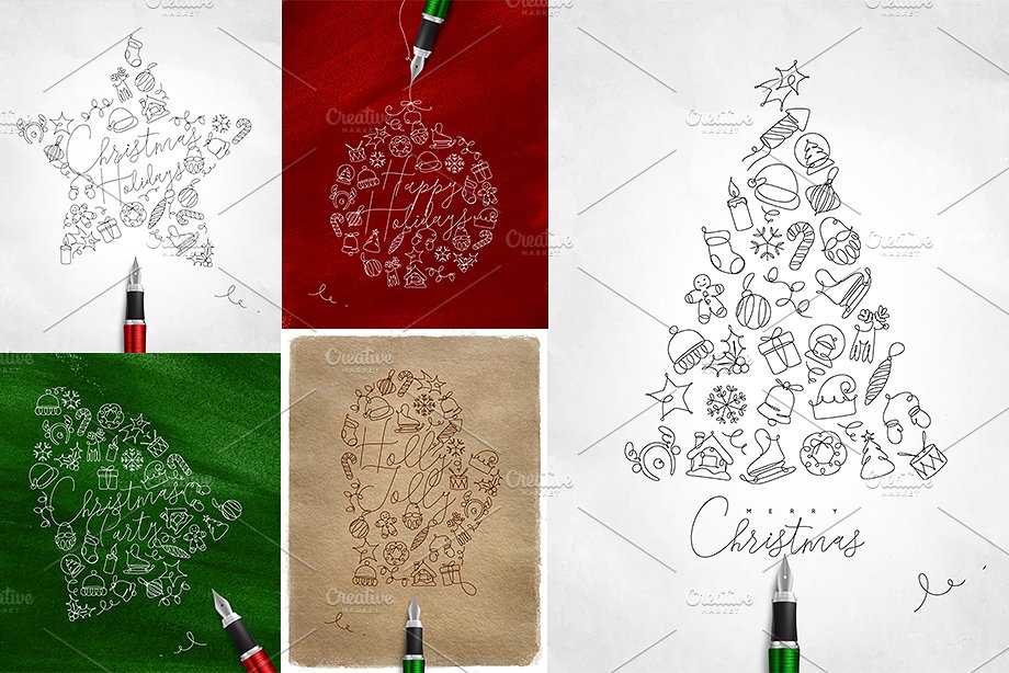 圣诞节手绘线性图案设计素材Christmas Holiday