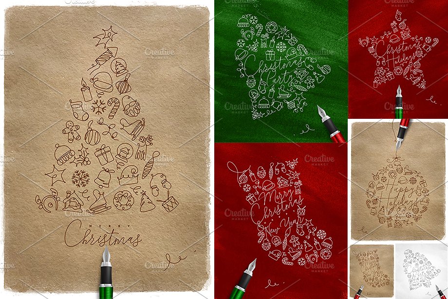 圣诞节手绘线性图案设计素材Christmas Holiday