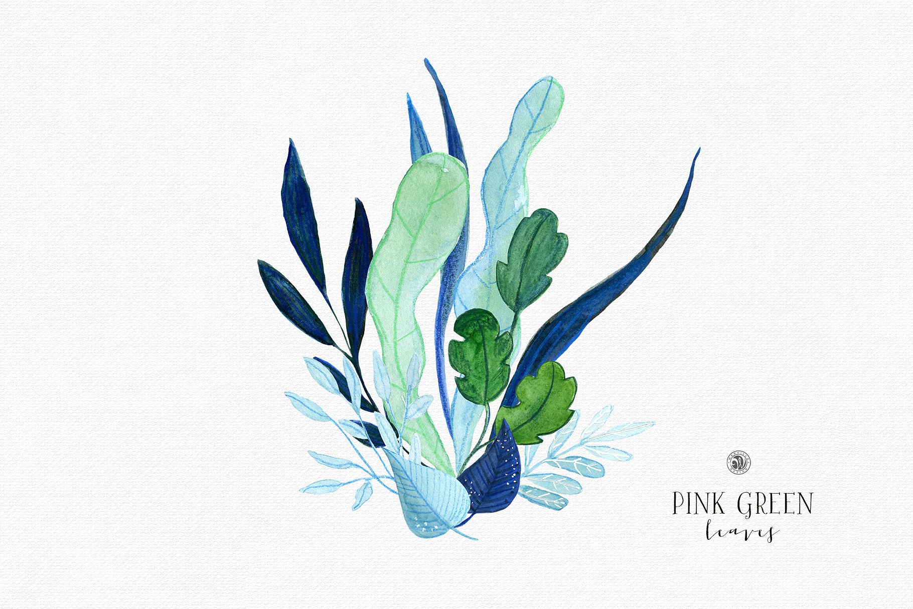 手绘水彩花卉植物设计素材Pink Green Leaves