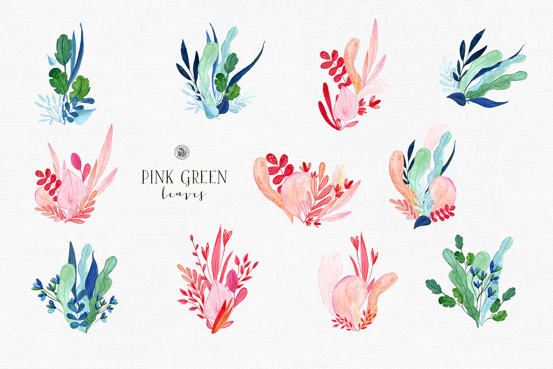 手绘水彩花卉植物设计素材Pink Green Leaves