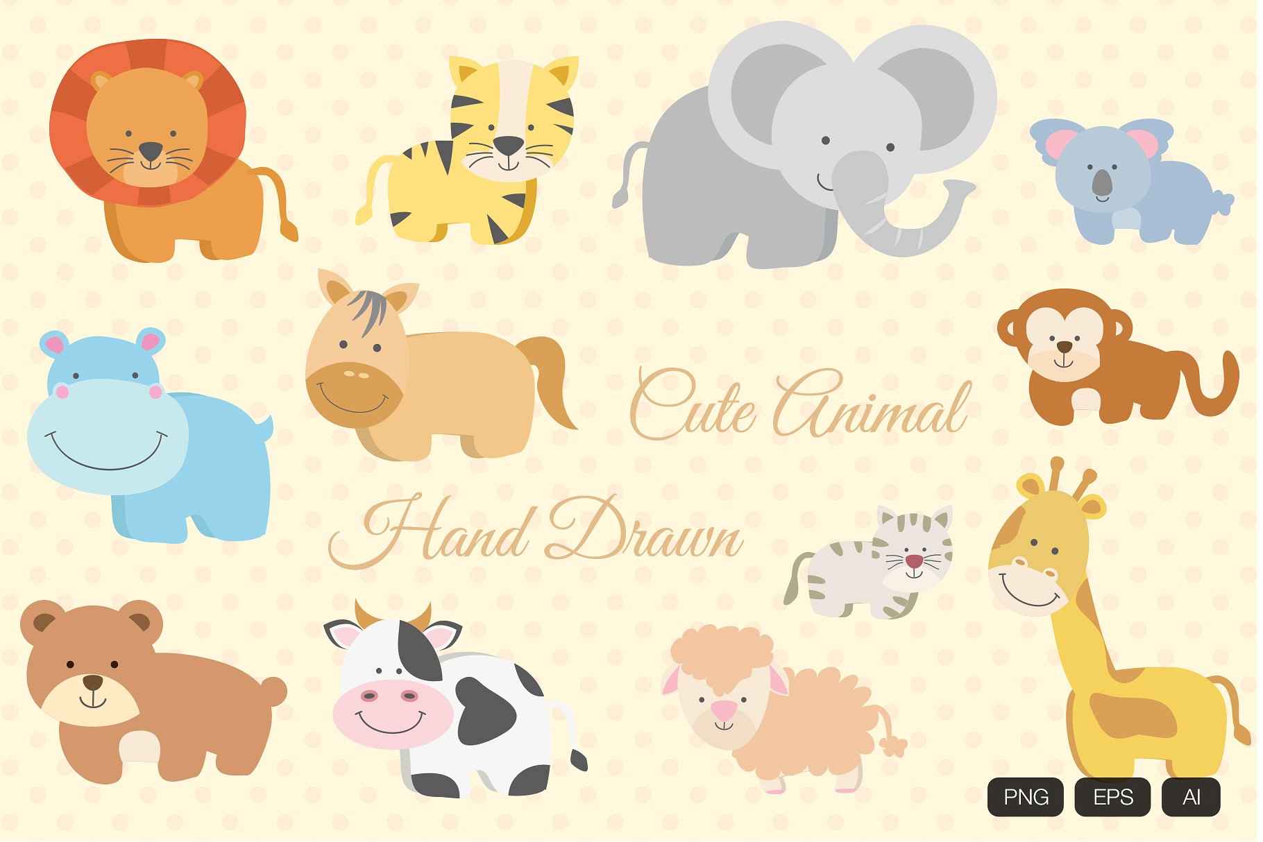 可爱动物插画设计素材12 Animal Hand Drawn