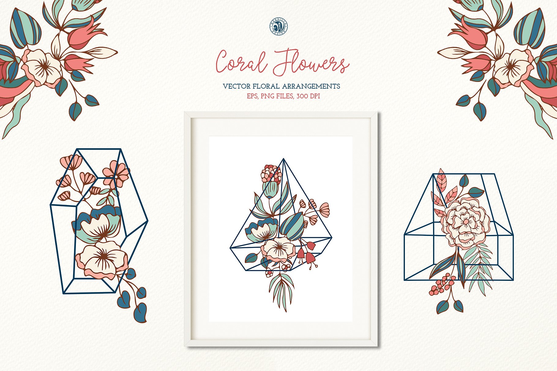 手绘花卉植物图案设计素材Coral Flowers