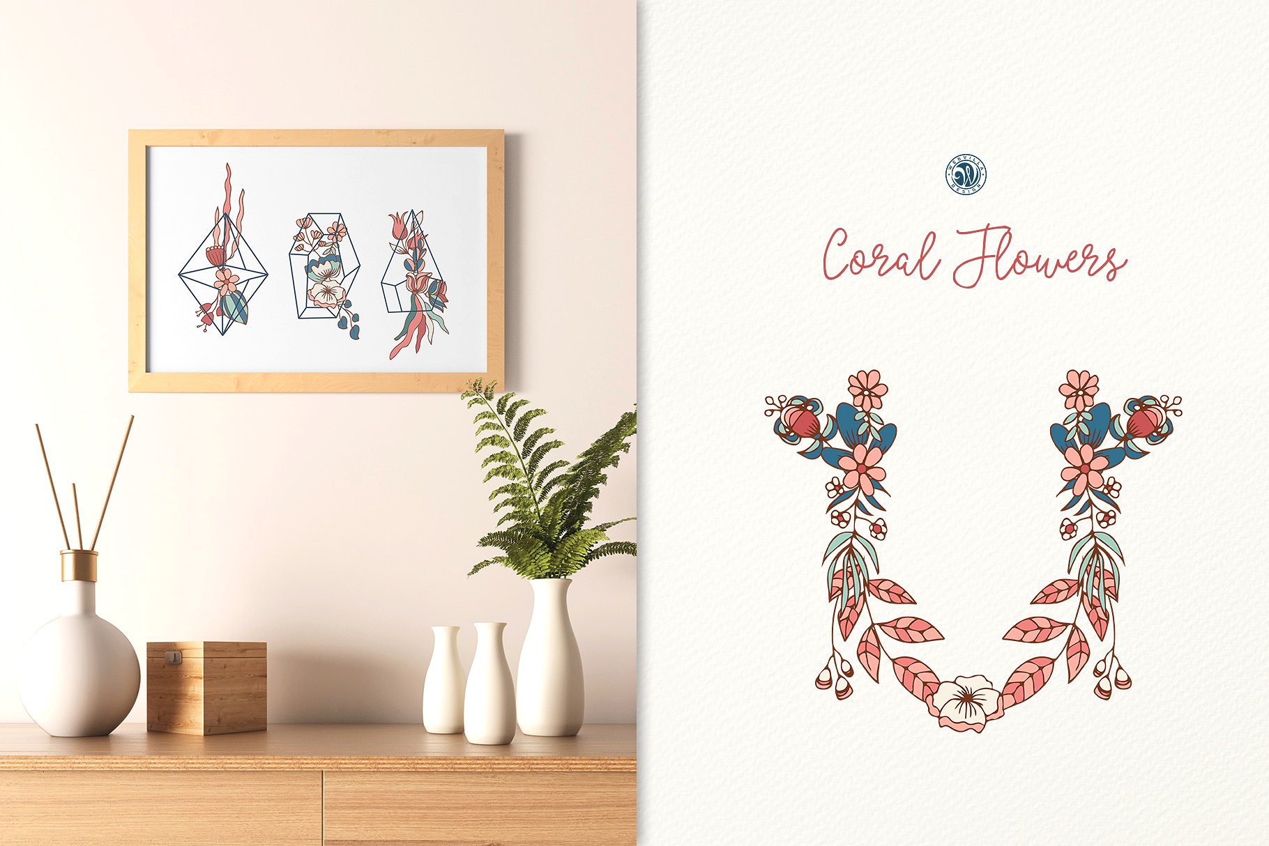 手绘花卉植物图案设计素材Coral Flowers