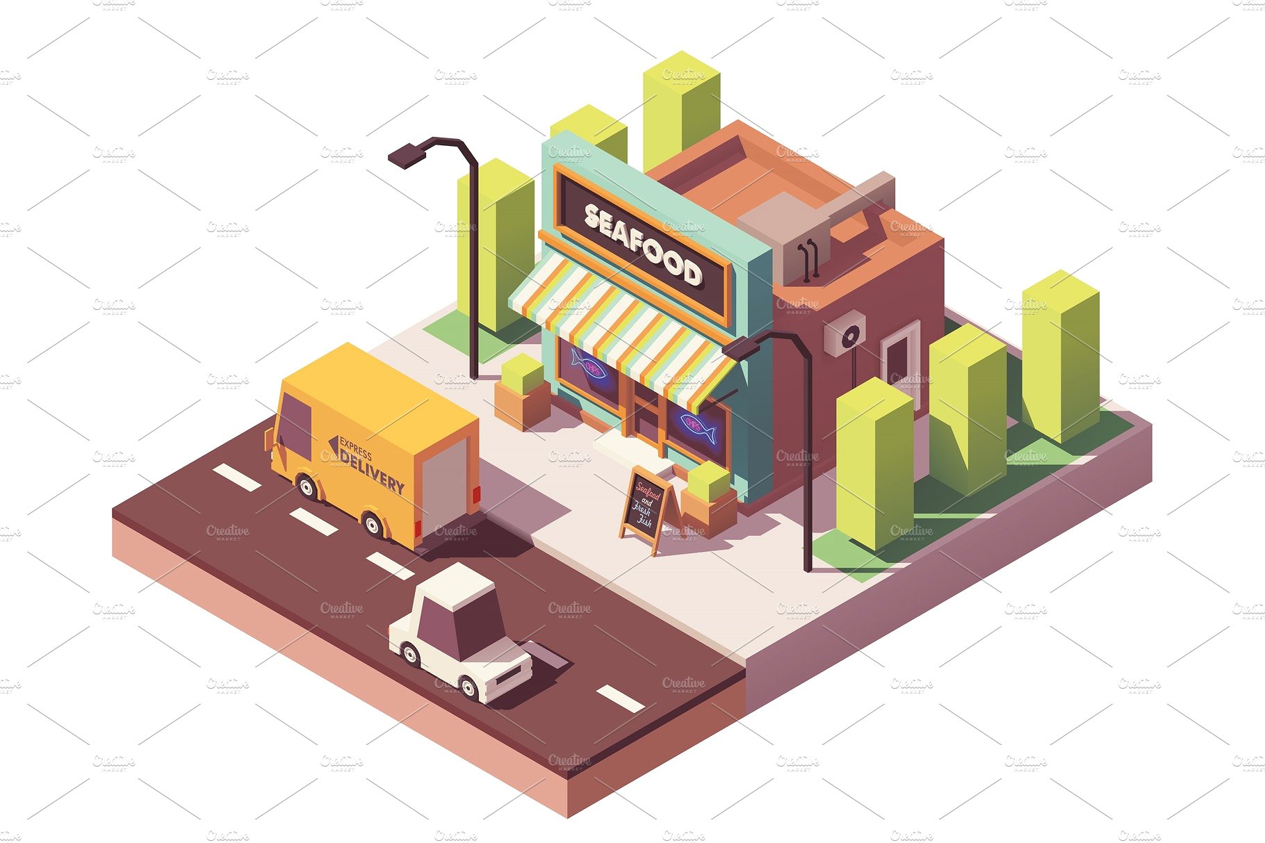 海鲜商店插画设计素材Vector isometric fis