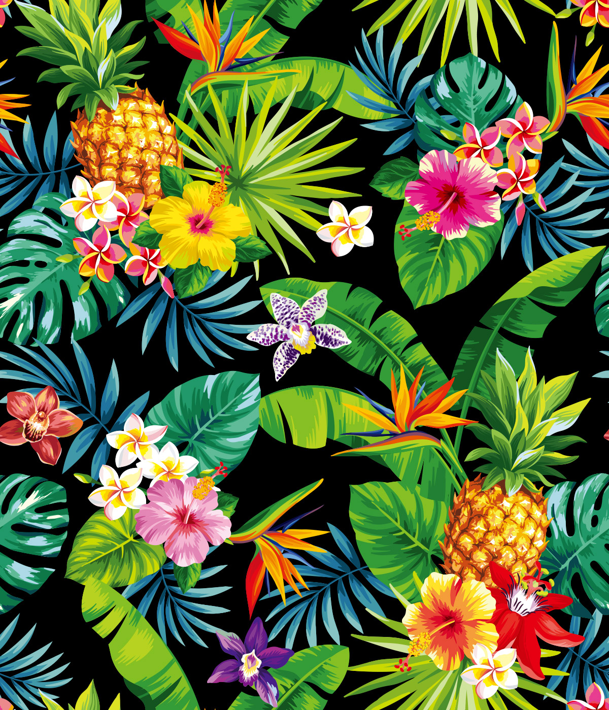 热带植物水果菠萝棕榈叶鲜花矢量插图背景设计素材Tropica