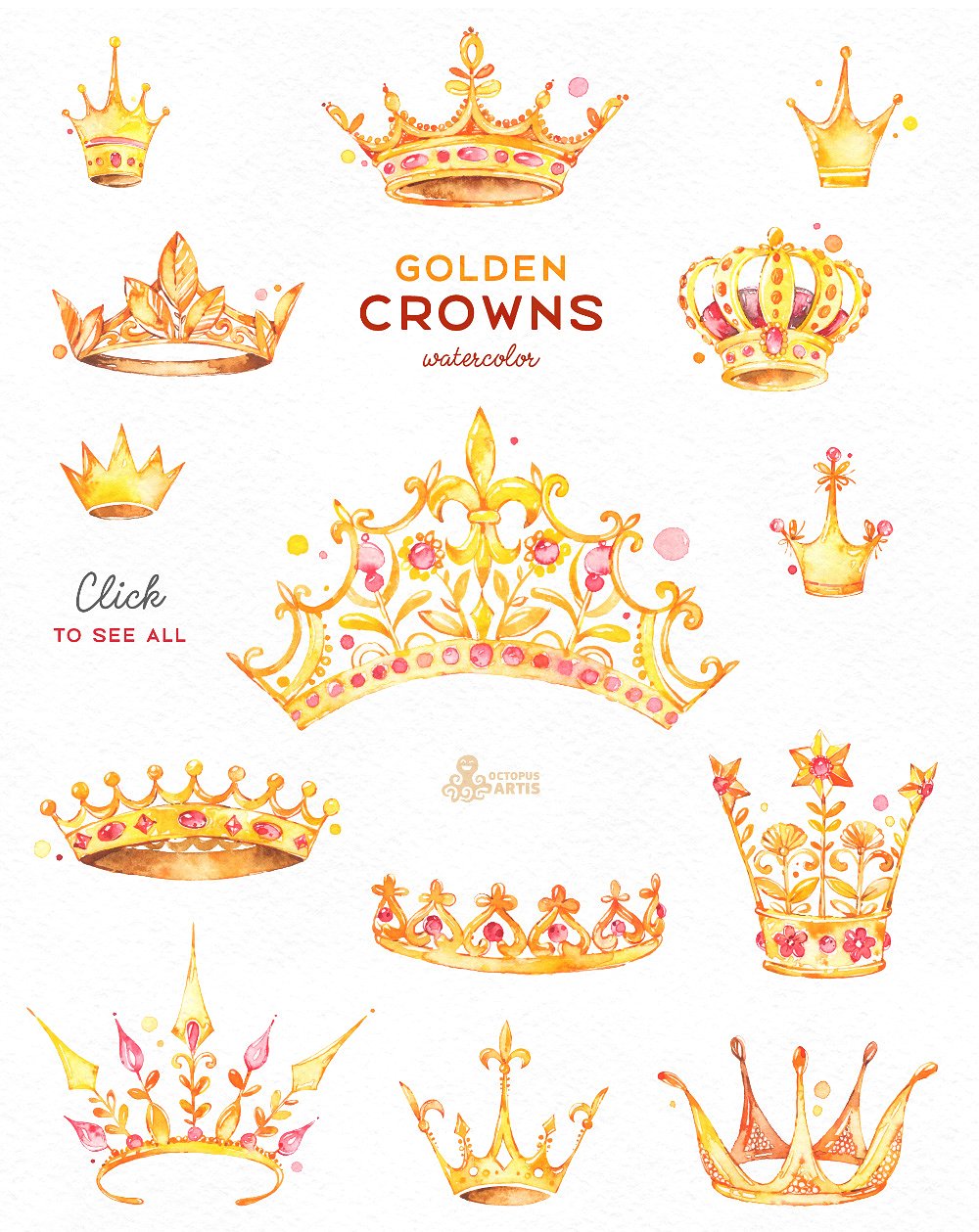 手绘水彩皇冠元素Crowns. Gold & Sil